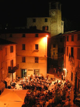 Piazza Fortebraccio in Montone during the music festival.  A birds eye view from our balcony
